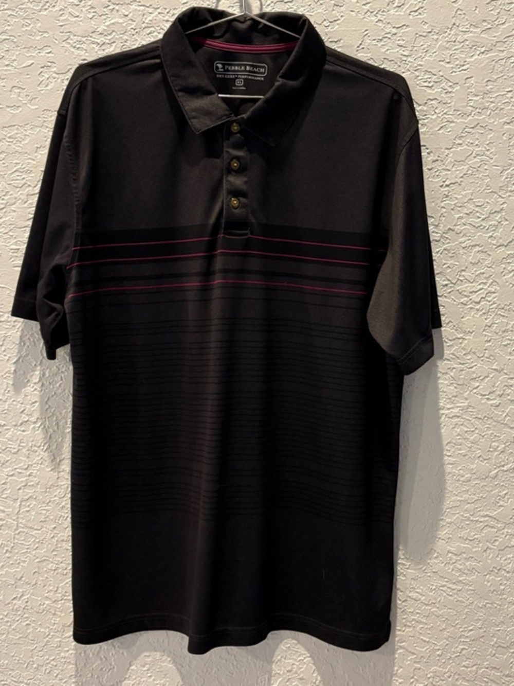 Pebble Beach Black Polo with Thin Magenta Stripes